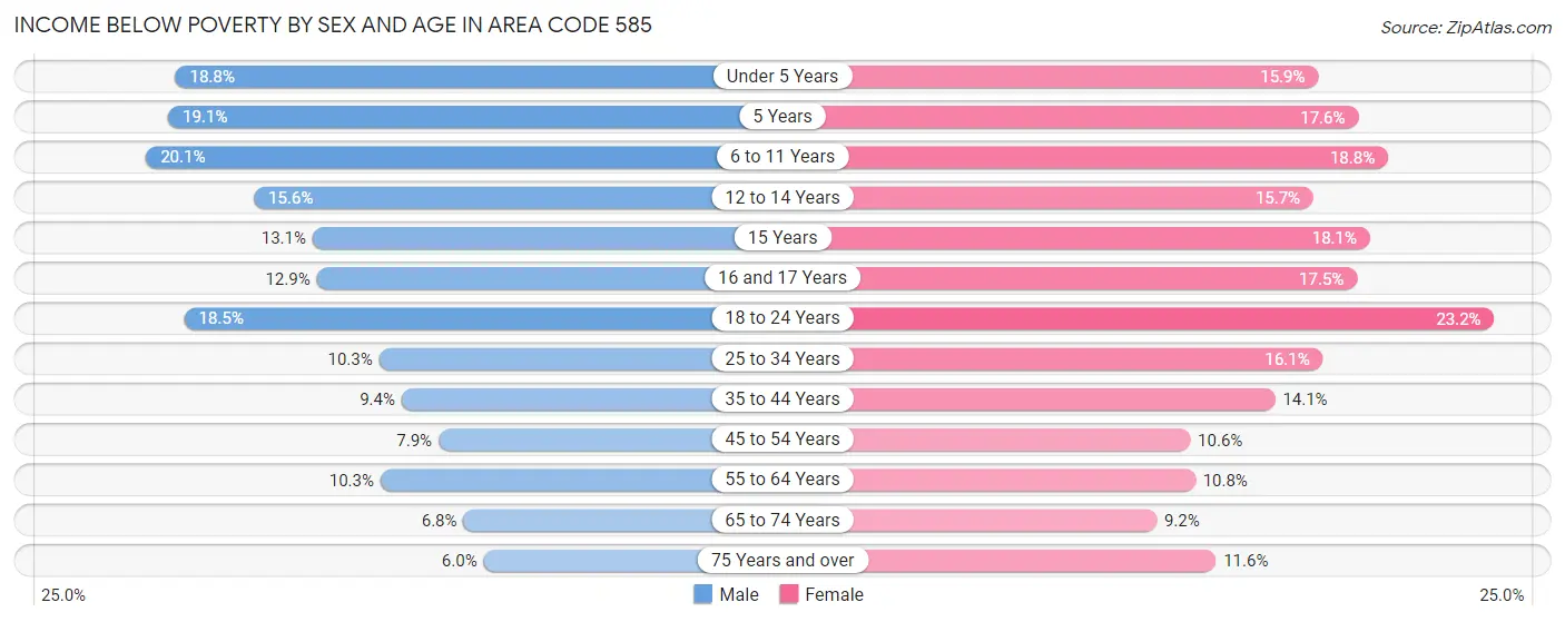 Income Below Poverty by Sex and Age in Area Code 585
