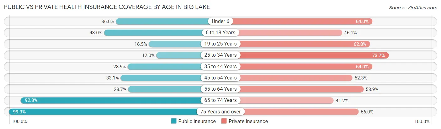 Public vs Private Health Insurance Coverage by Age in Big Lake