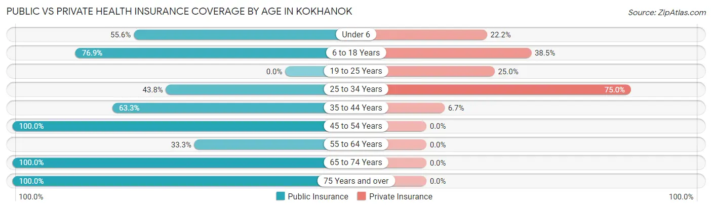 Public vs Private Health Insurance Coverage by Age in Kokhanok