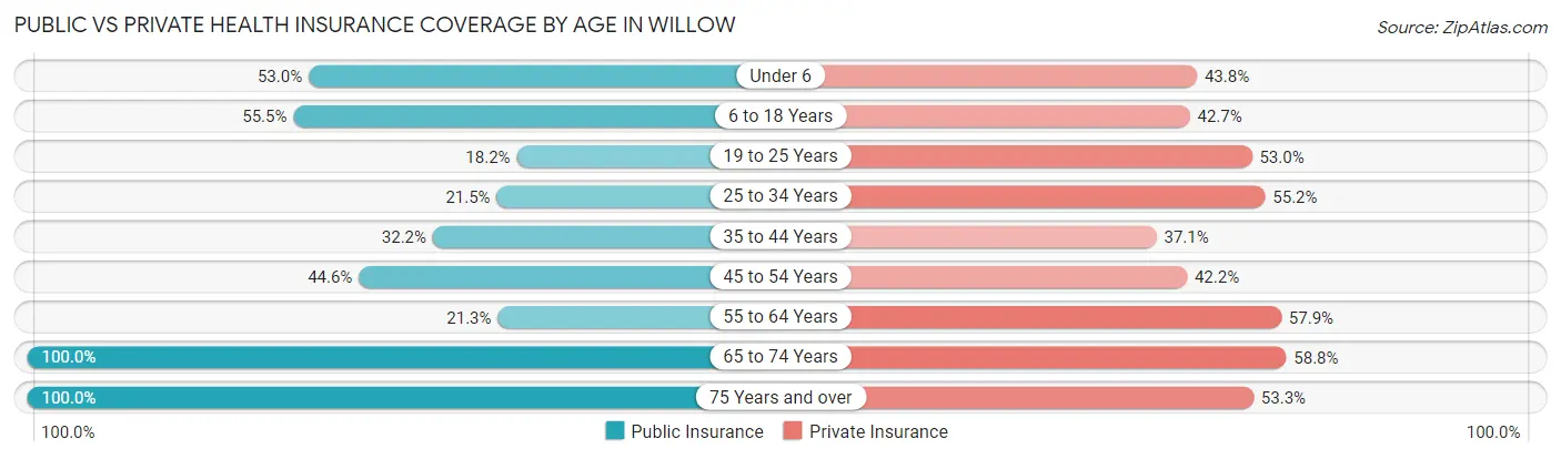Public vs Private Health Insurance Coverage by Age in Willow