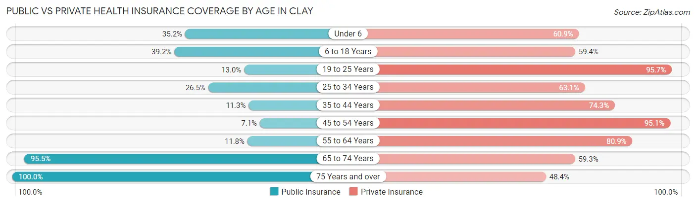 Public vs Private Health Insurance Coverage by Age in Clay