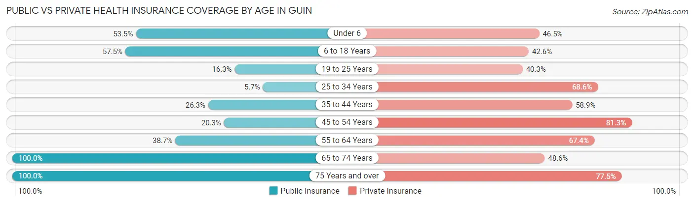 Public vs Private Health Insurance Coverage by Age in Guin