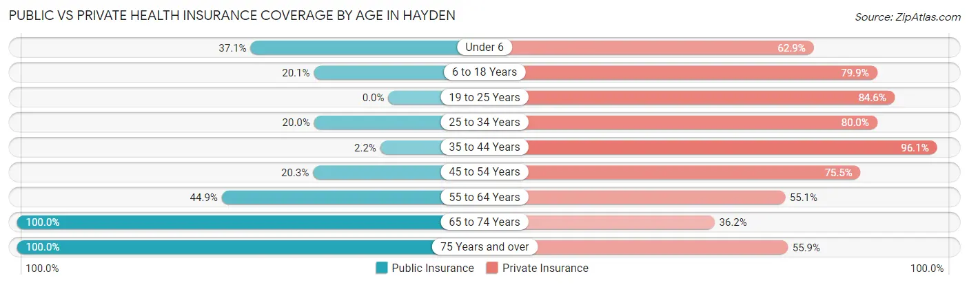 Public vs Private Health Insurance Coverage by Age in Hayden