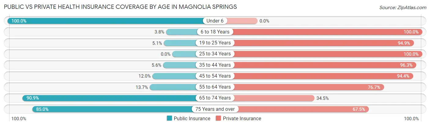 Public vs Private Health Insurance Coverage by Age in Magnolia Springs