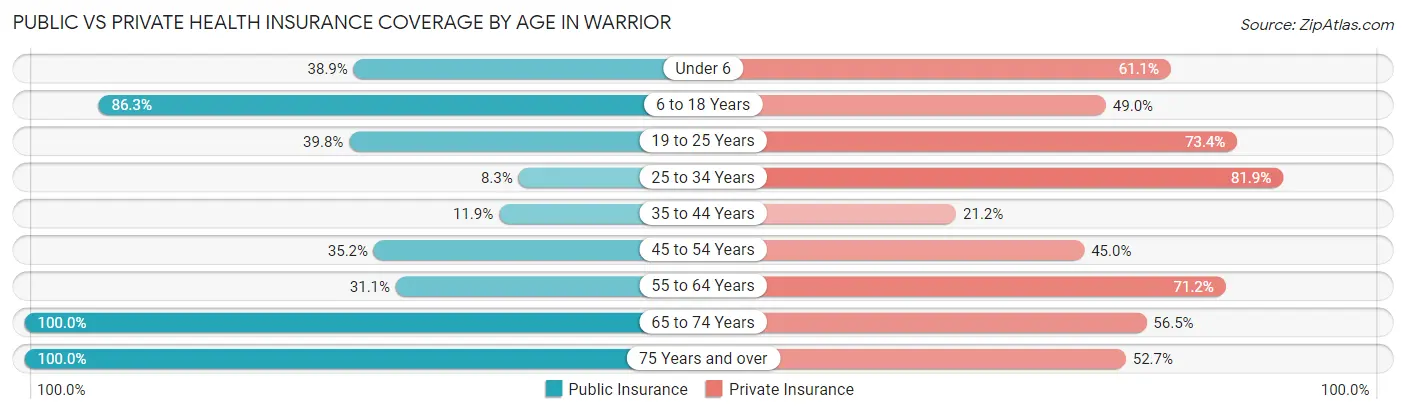 Public vs Private Health Insurance Coverage by Age in Warrior
