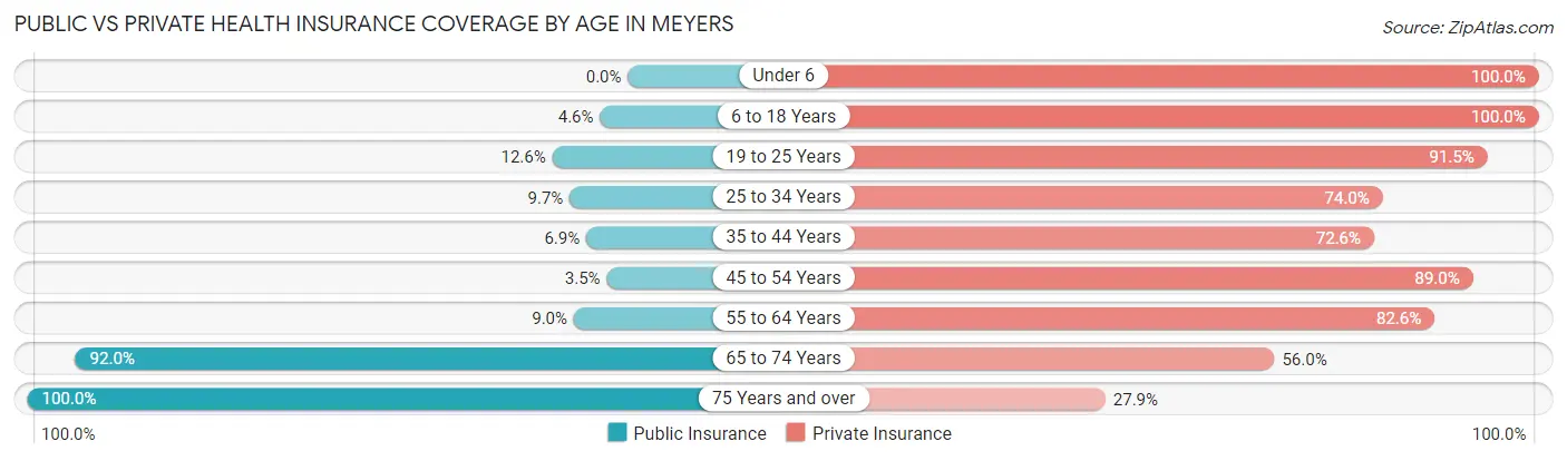 Public vs Private Health Insurance Coverage by Age in Meyers