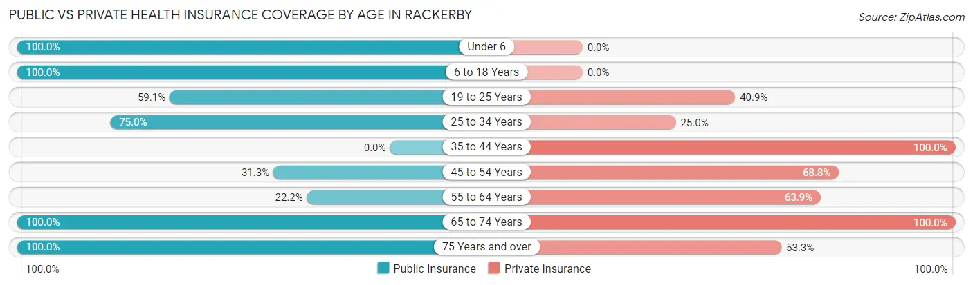Public vs Private Health Insurance Coverage by Age in Rackerby