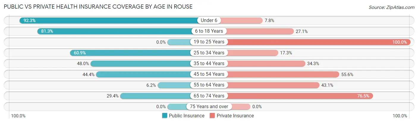 Public vs Private Health Insurance Coverage by Age in Rouse