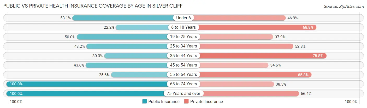 Public vs Private Health Insurance Coverage by Age in Silver Cliff