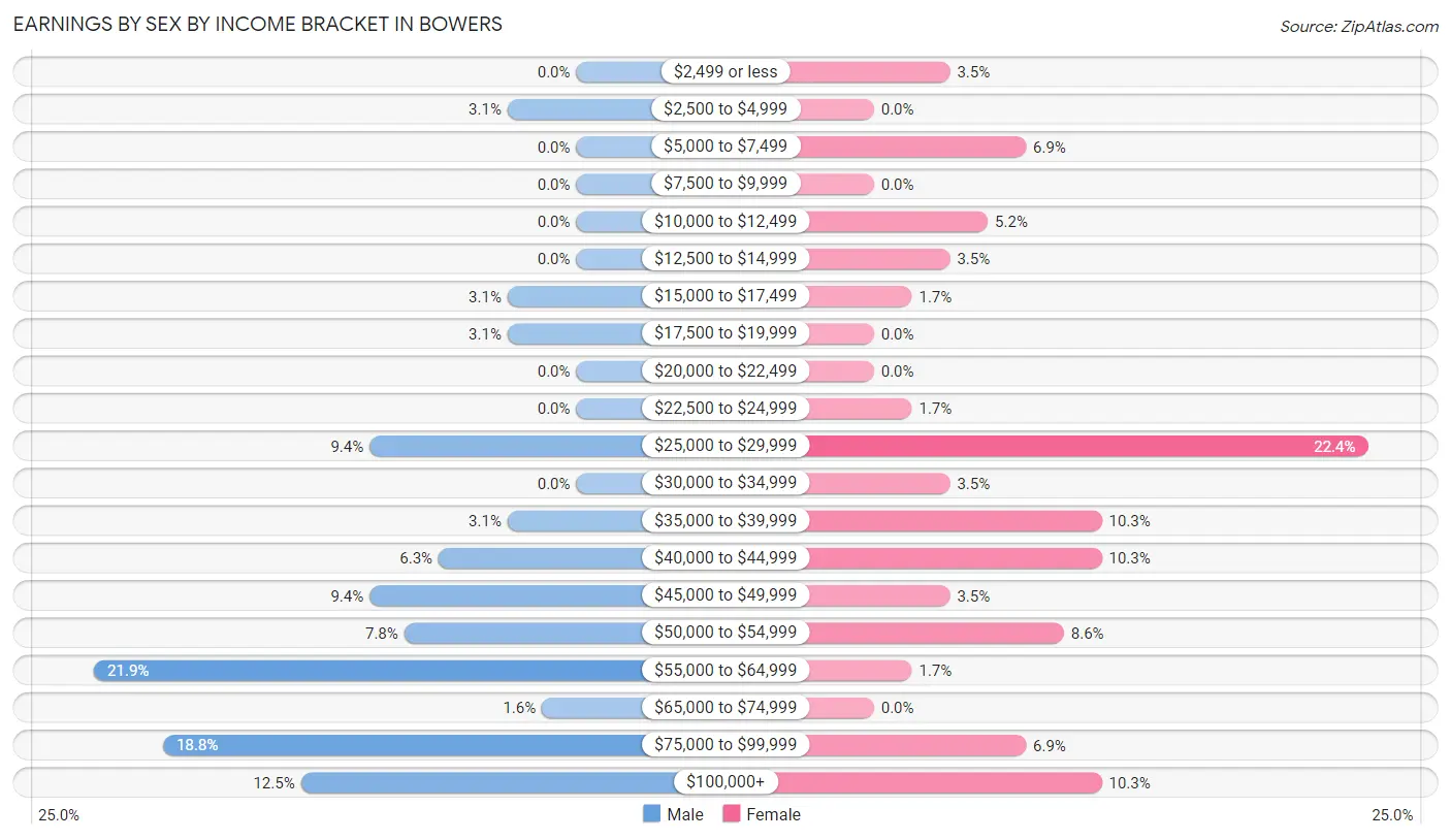 Earnings by Sex by Income Bracket in Bowers