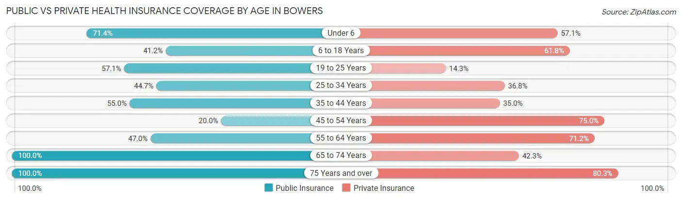 Public vs Private Health Insurance Coverage by Age in Bowers