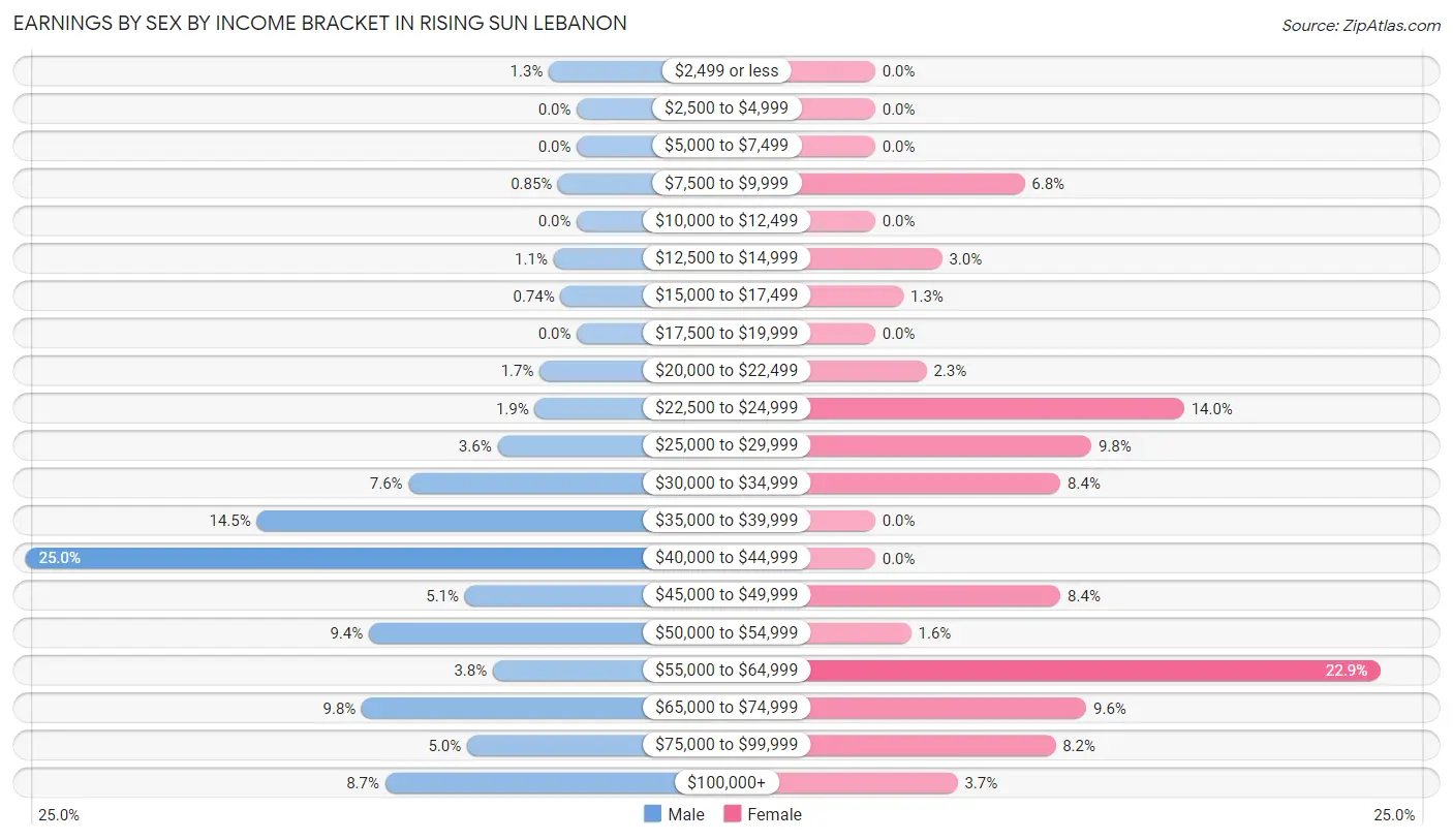 Earnings by Sex by Income Bracket in Rising Sun Lebanon