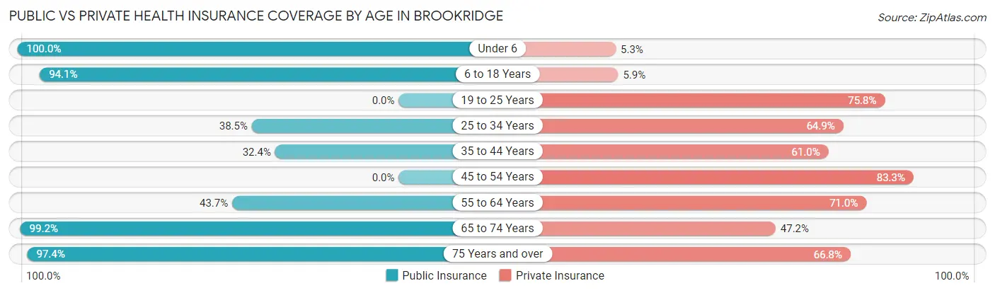 Public vs Private Health Insurance Coverage by Age in Brookridge