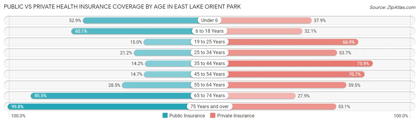 Public vs Private Health Insurance Coverage by Age in East Lake Orient Park