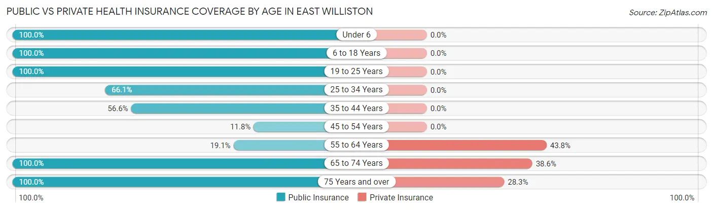 Public vs Private Health Insurance Coverage by Age in East Williston