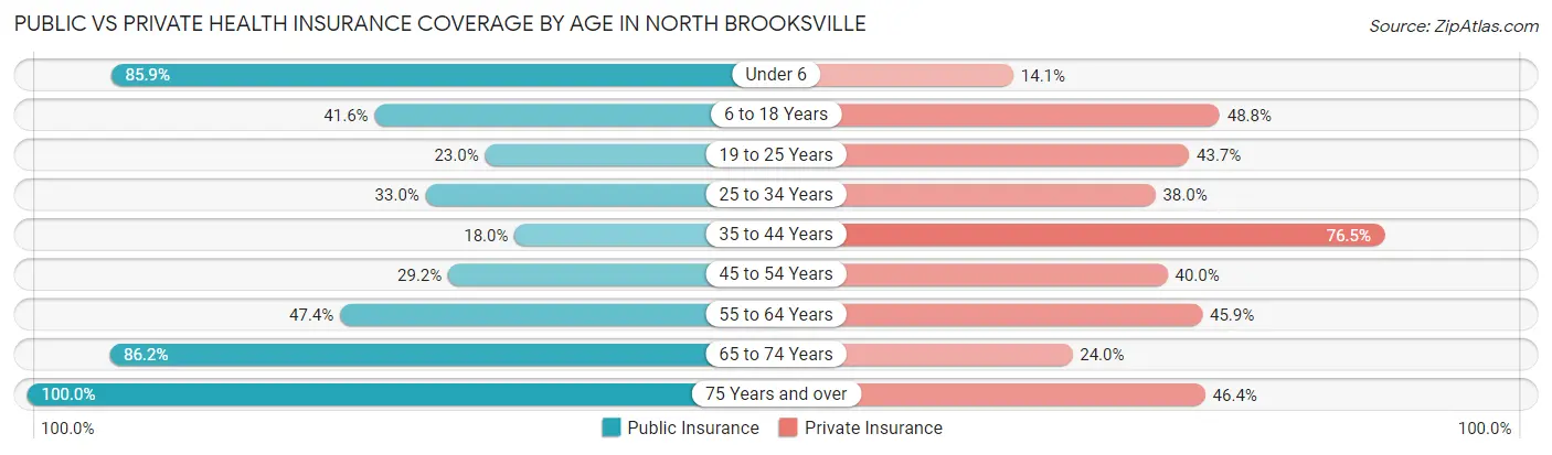 Public vs Private Health Insurance Coverage by Age in North Brooksville