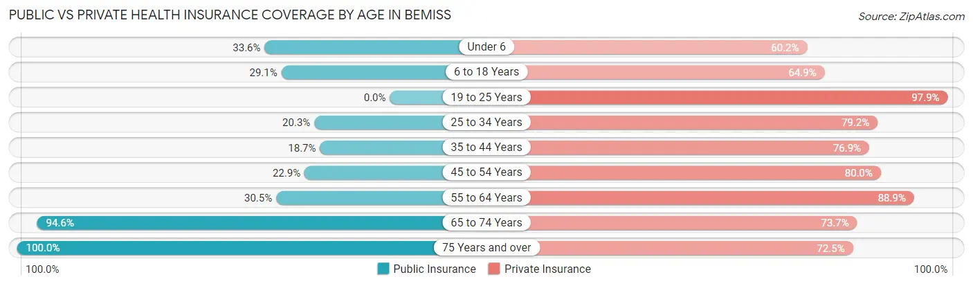 Public vs Private Health Insurance Coverage by Age in Bemiss