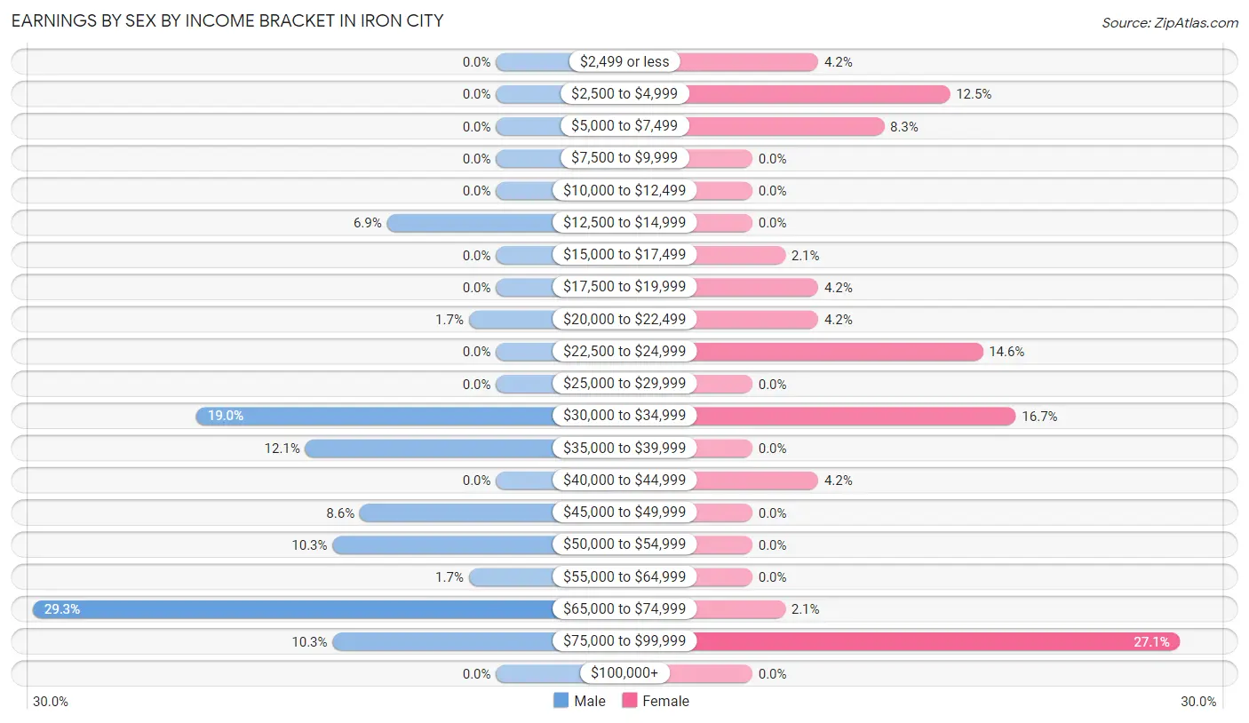 Earnings by Sex by Income Bracket in Iron City