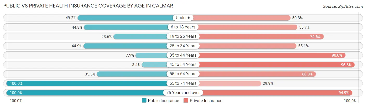 Public vs Private Health Insurance Coverage by Age in Calmar