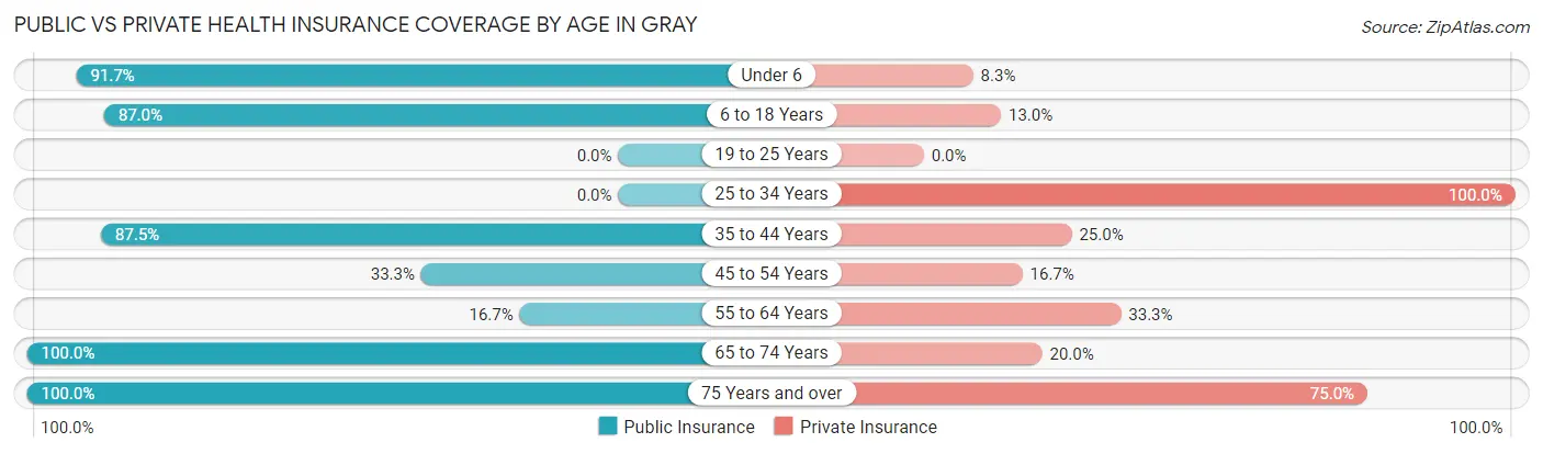 Public vs Private Health Insurance Coverage by Age in Gray