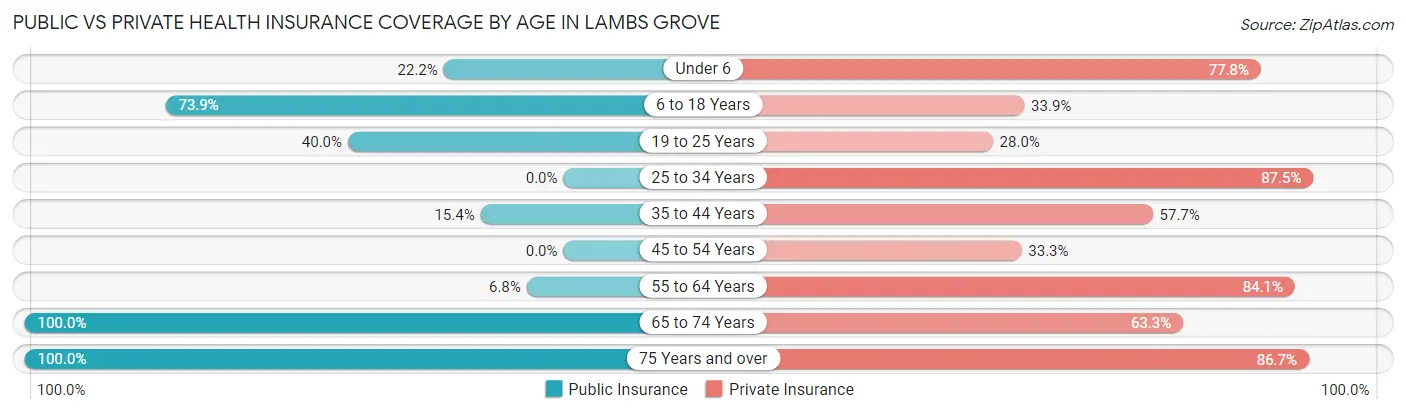 Public vs Private Health Insurance Coverage by Age in Lambs Grove