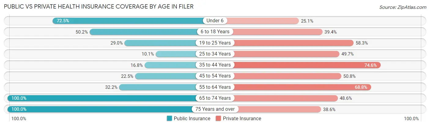 Public vs Private Health Insurance Coverage by Age in Filer