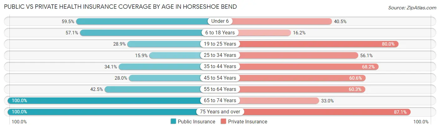 Public vs Private Health Insurance Coverage by Age in Horseshoe Bend