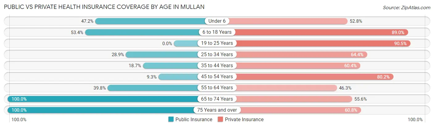 Public vs Private Health Insurance Coverage by Age in Mullan