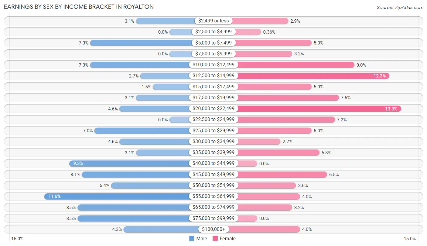 Earnings by Sex by Income Bracket in Royalton