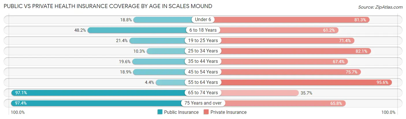 Public vs Private Health Insurance Coverage by Age in Scales Mound