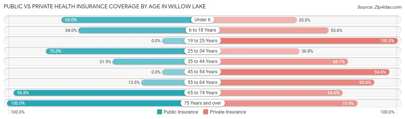 Public vs Private Health Insurance Coverage by Age in Willow Lake