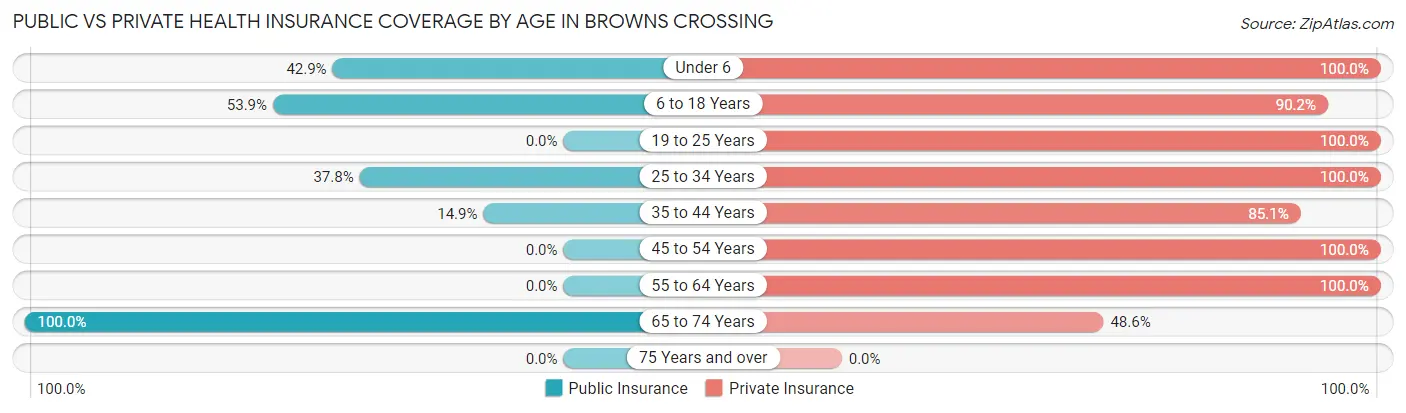 Public vs Private Health Insurance Coverage by Age in Browns Crossing