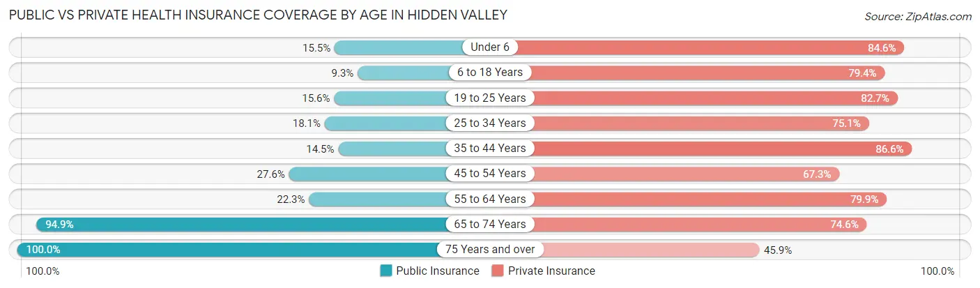 Public vs Private Health Insurance Coverage by Age in Hidden Valley