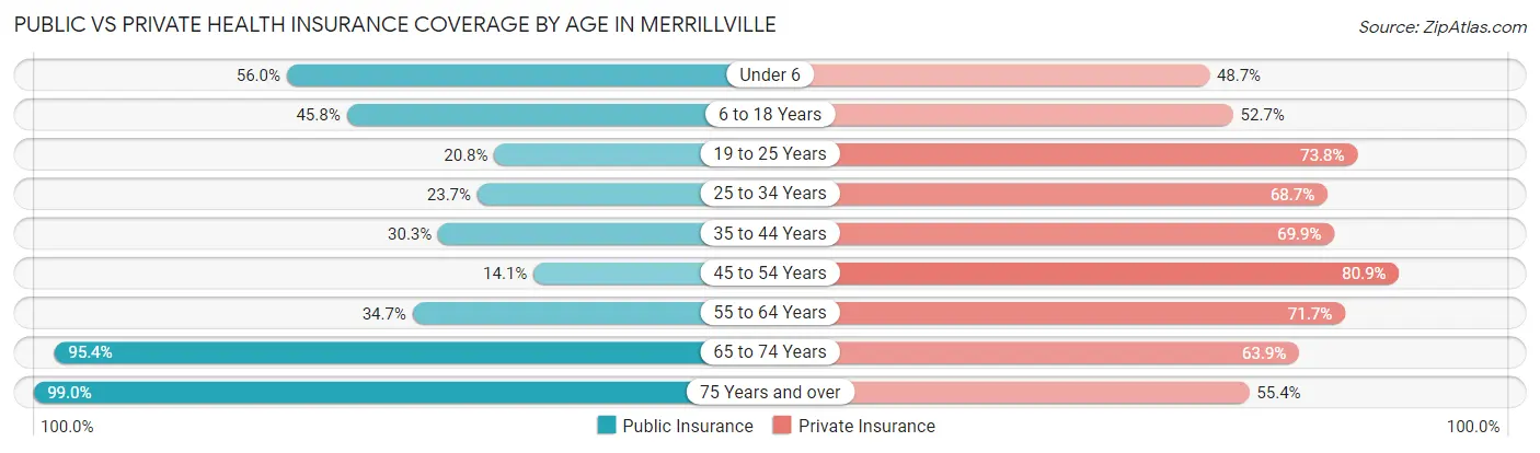 Public vs Private Health Insurance Coverage by Age in Merrillville