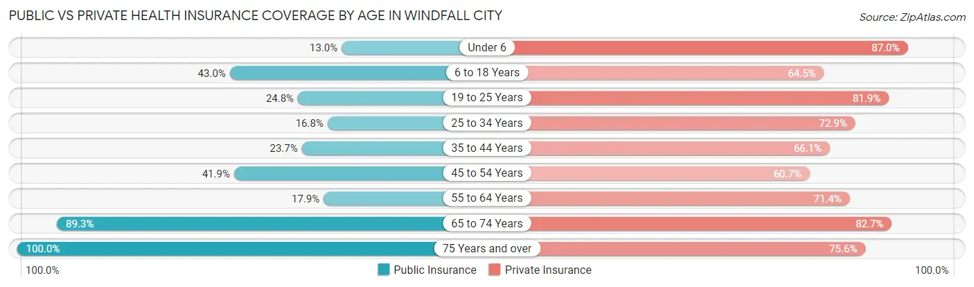 Public vs Private Health Insurance Coverage by Age in Windfall City
