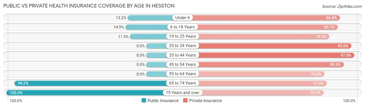 Public vs Private Health Insurance Coverage by Age in Hesston