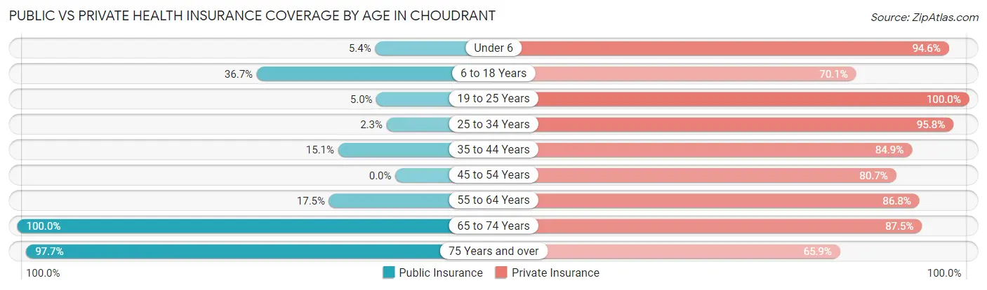 Public vs Private Health Insurance Coverage by Age in Choudrant