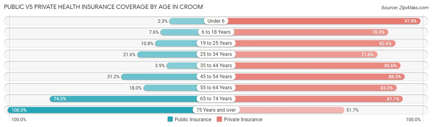 Public vs Private Health Insurance Coverage by Age in Croom