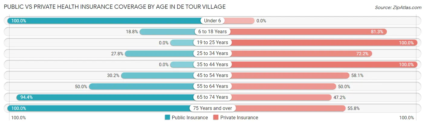 Public vs Private Health Insurance Coverage by Age in De Tour Village