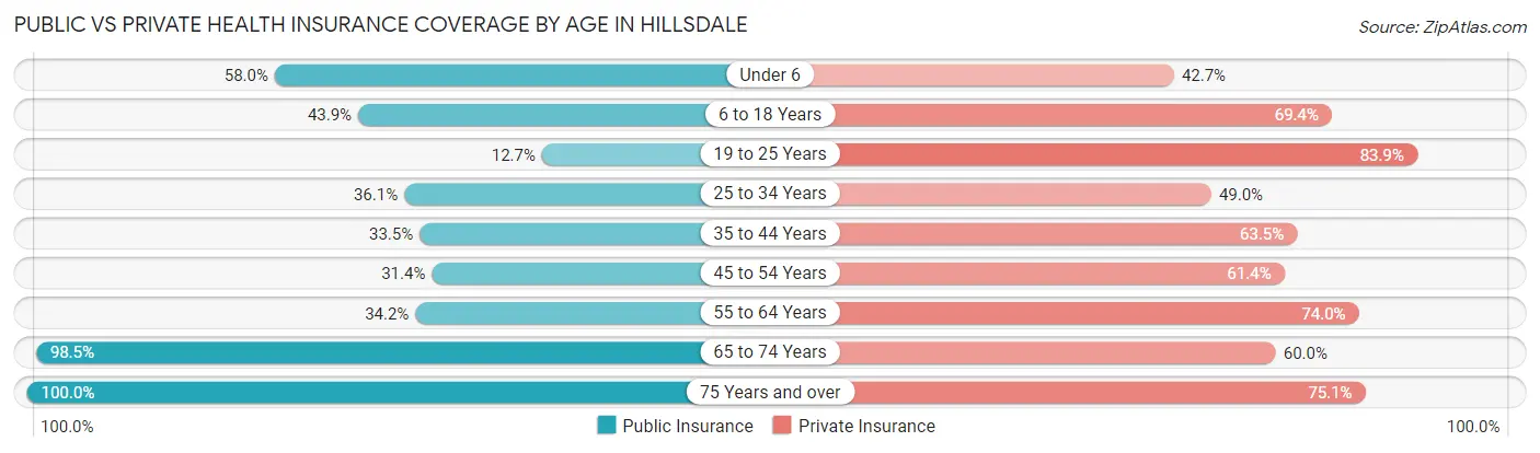 Public vs Private Health Insurance Coverage by Age in Hillsdale