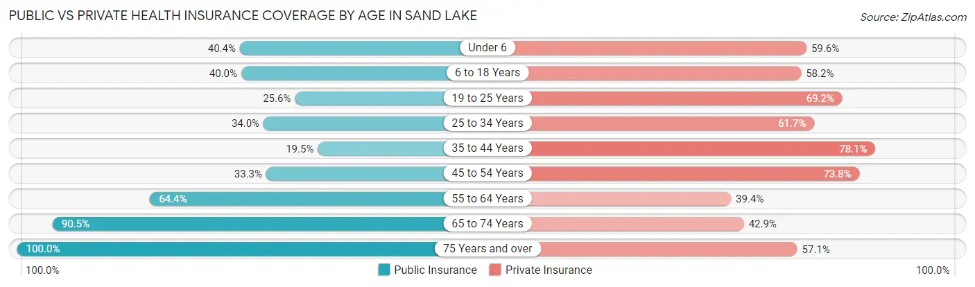 Public vs Private Health Insurance Coverage by Age in Sand Lake