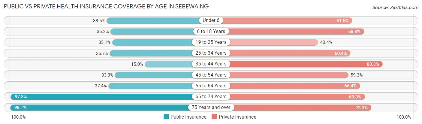Public vs Private Health Insurance Coverage by Age in Sebewaing