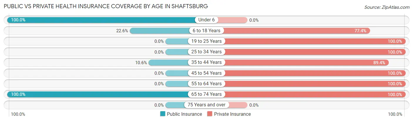 Public vs Private Health Insurance Coverage by Age in Shaftsburg