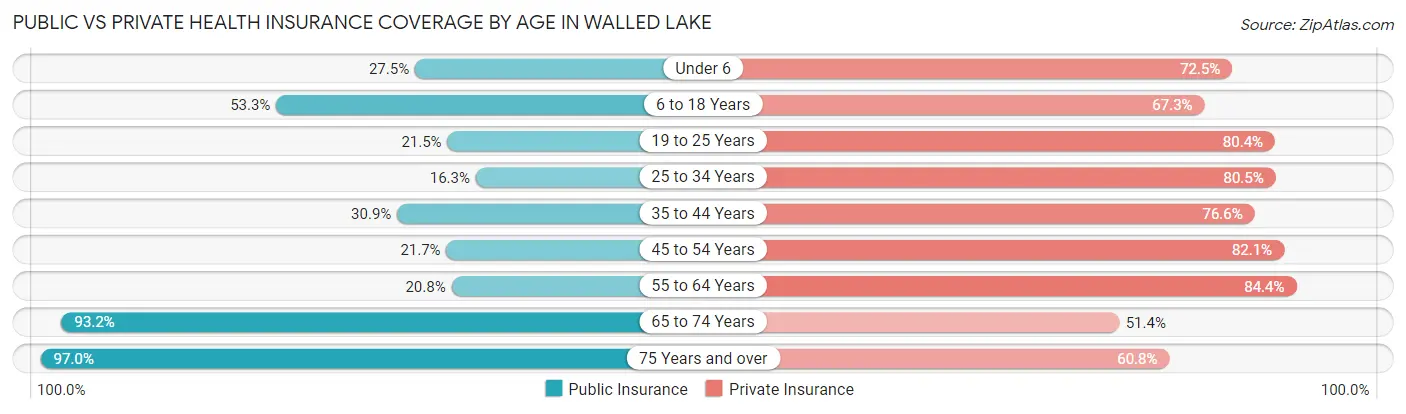 Public vs Private Health Insurance Coverage by Age in Walled Lake