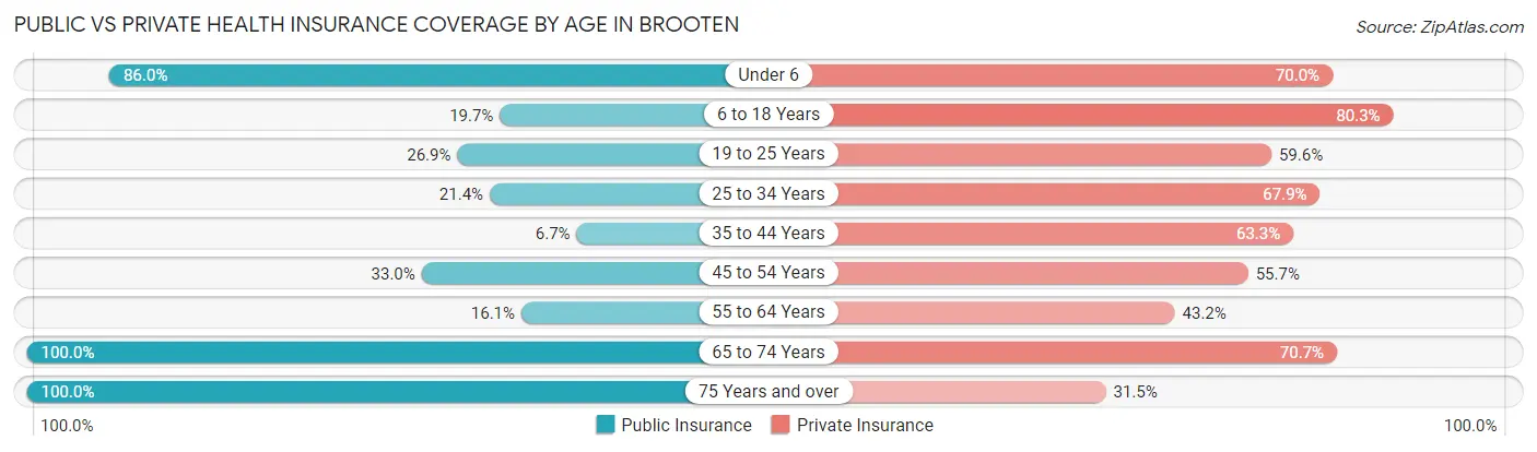 Public vs Private Health Insurance Coverage by Age in Brooten
