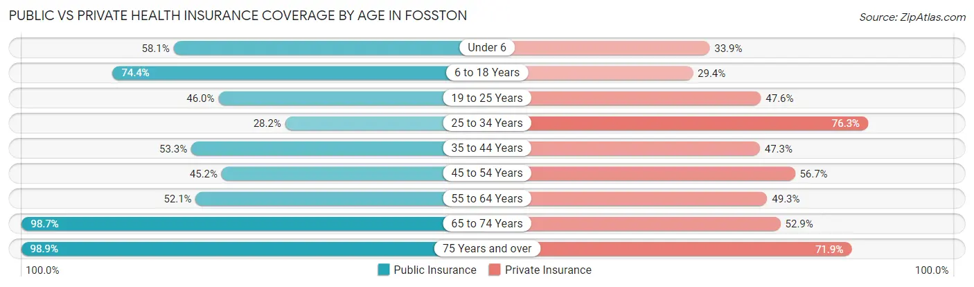 Public vs Private Health Insurance Coverage by Age in Fosston