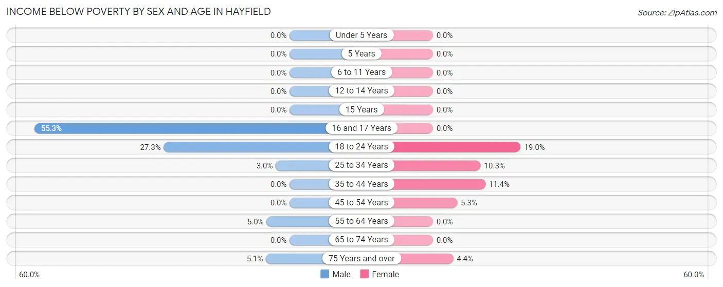 Income Below Poverty by Sex and Age in Hayfield