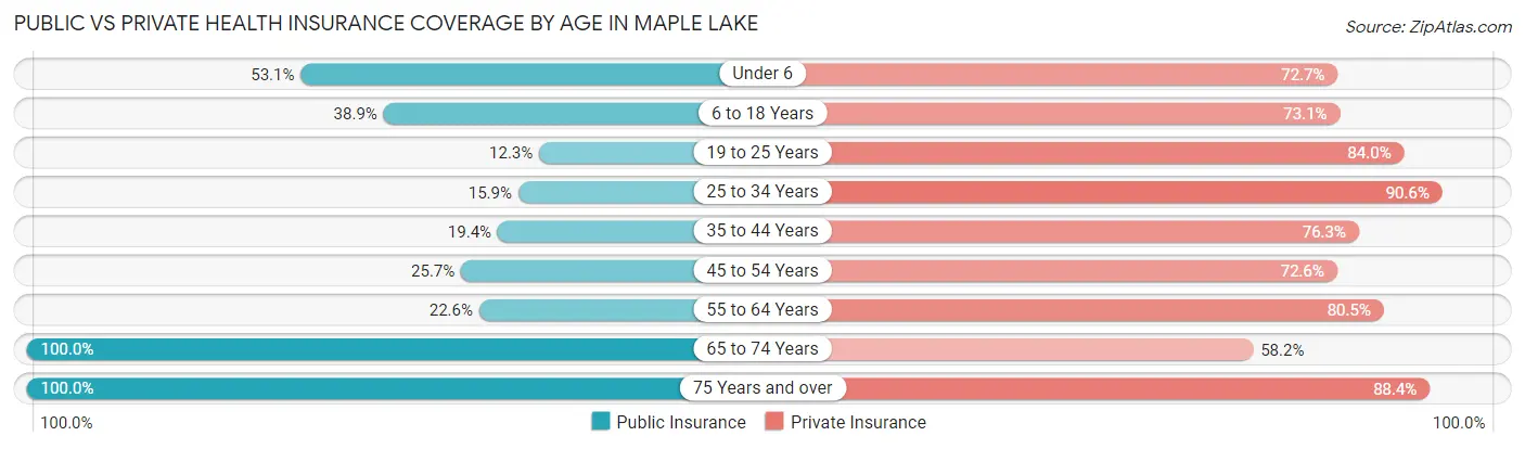 Public vs Private Health Insurance Coverage by Age in Maple Lake