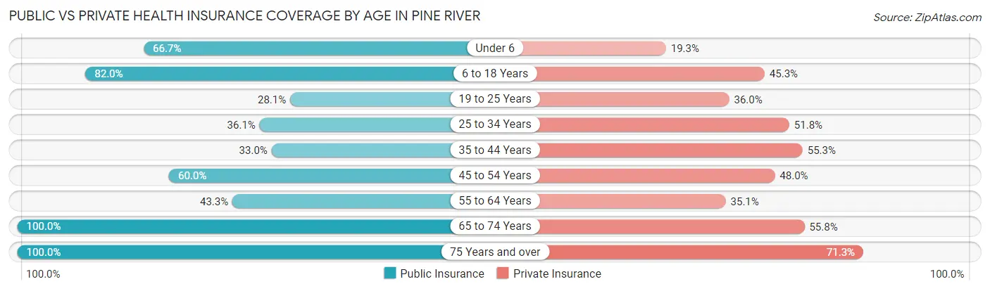 Public vs Private Health Insurance Coverage by Age in Pine River