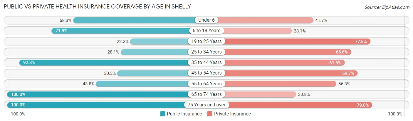 Public vs Private Health Insurance Coverage by Age in Shelly